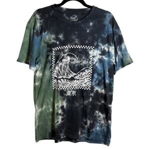 Neon Riot Blue and Green Tie-Dye Short Sleeve Tee with Graphic Design Large